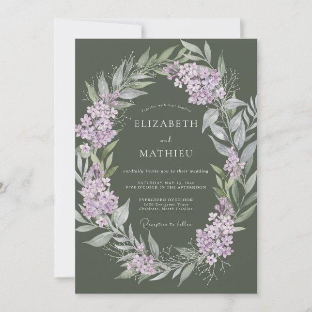 Invitation Mariage Élégant Fleur de Lilas et Sauge (Devant)