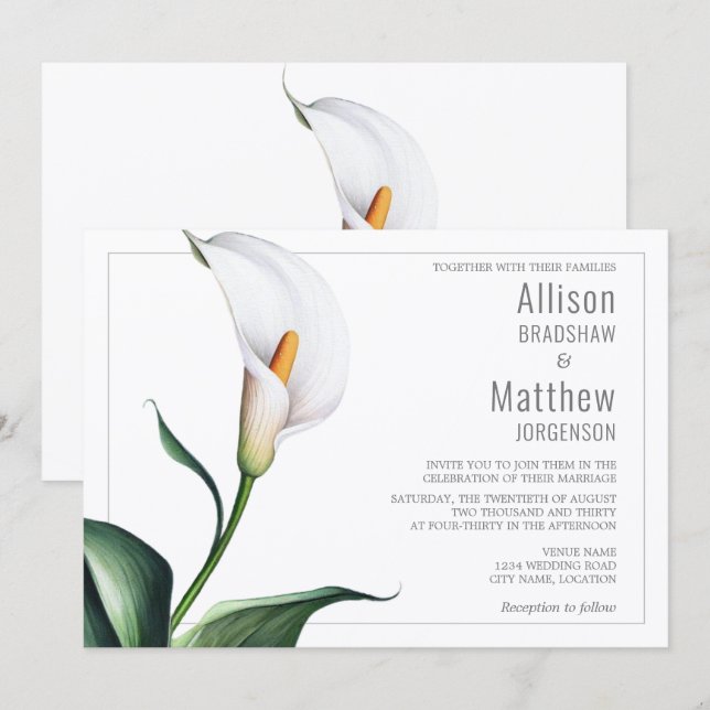 Invitation Mariage Élégant Fleur de Lys d'Ivoire Blanc (Devant / Derrière)