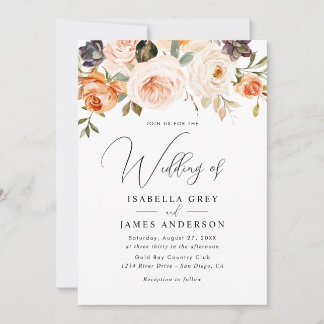 Invitation Mariage Élégant Fleur de Pêche Orange Feuillage  (Devant)