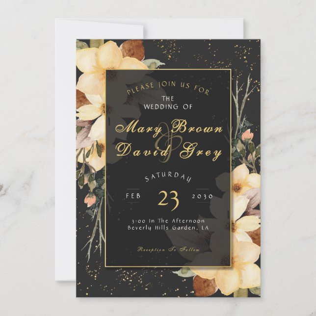 Invitation Mariage Élégant Fleur Dorée (Devant)