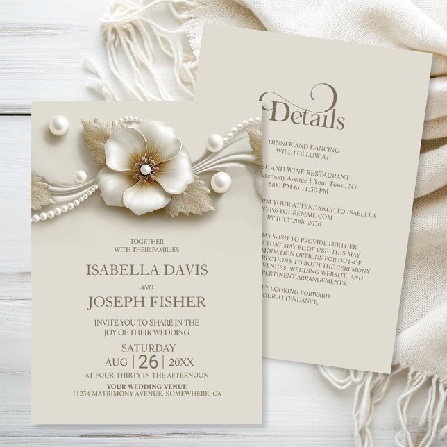 Invitation Mariage Élégant Fleur et Perles Tout en Un (Créateur téléchargé)