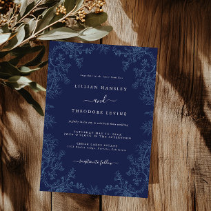 Invitation Mariage Élégant Fleur Feuille Vintage Navy