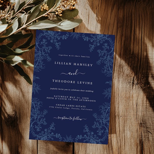 Invitation Mariage Élégant Fleur Feuille Vintage Navy   (Créateur téléchargé)