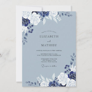 Invitation Mariage Élégant Fleur Indigo Ardoise