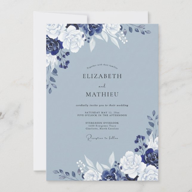 Invitation Mariage Élégant Fleur Indigo Ardoise (Devant)