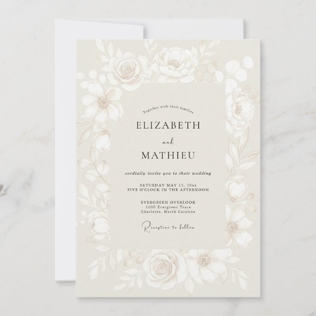 Invitation Mariage Élégant Fleur Ivory (Devant)