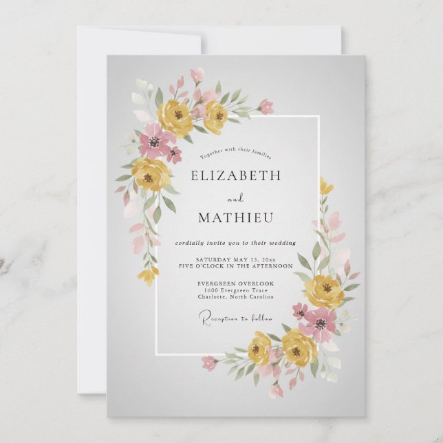 Invitation Mariage Élégant Fleur Jaune (Devant)