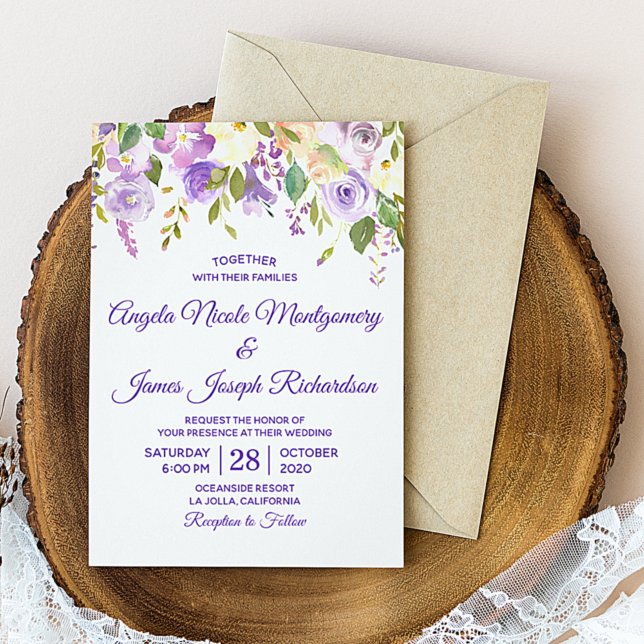 Invitation Mariage Élégant Fleur Moderne Aquarelle Violette (Elegant Purple Watercolor Floral Modern Wedding Invitation)