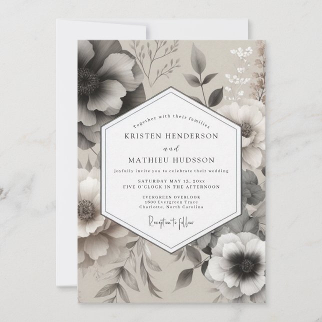 Invitation Mariage Élégant Fleur Pewter (Devant)
