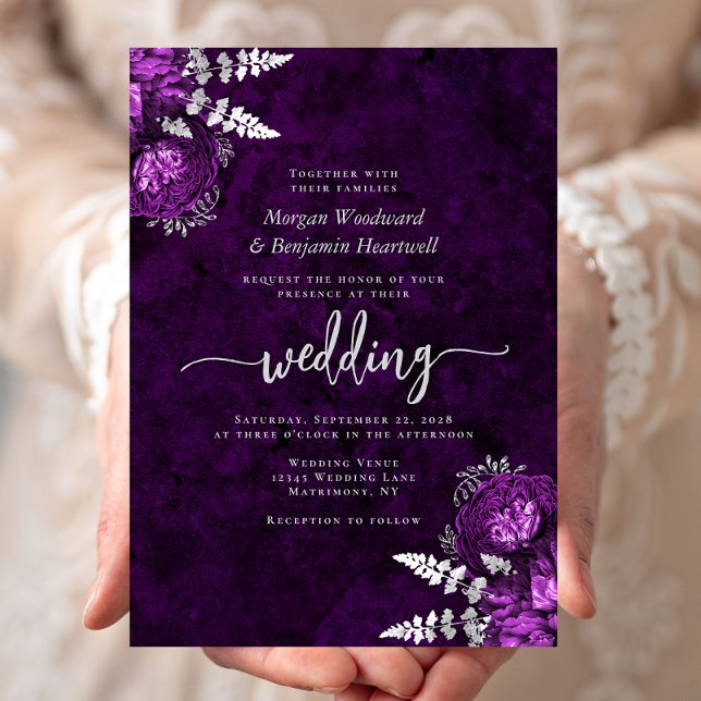 Invitation Mariage Élégant Fleur Plum Argent (Créateur téléchargé)