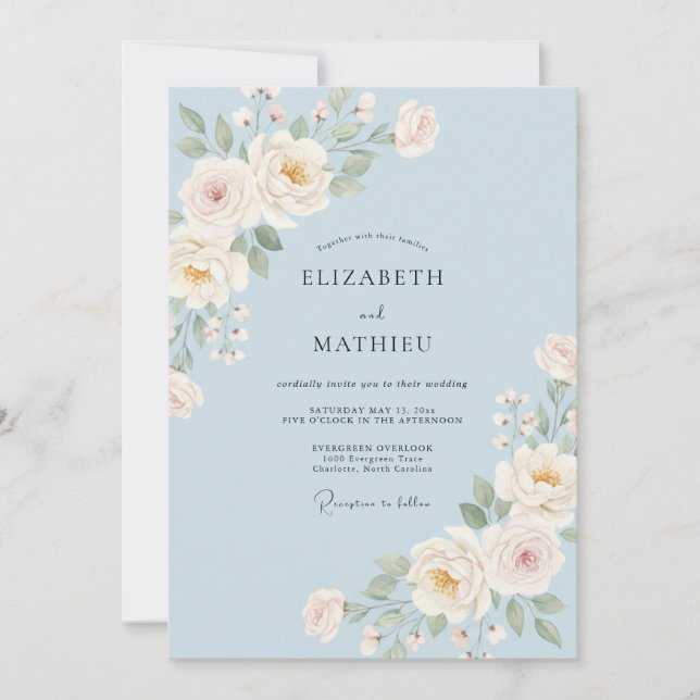 Invitation Mariage Élégant Fleur Poudre Bleue (Devant)