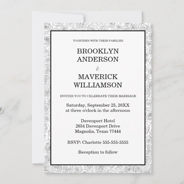 Invitation Mariage Élégant Fleur Rose Noir Blanc (Devant)