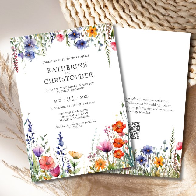 Invitation Mariage élégant Fleur sauvage coloré (Colorful Wildflowers Elegant Wedding Invitation with Orange, Pink, Blue, Red Watercolor Flowers, QR)