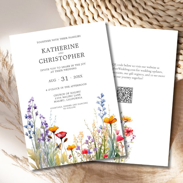 Invitation Mariage élégant Fleur sauvage coloré (Colorful Wildflowers Elegant Wedding Invitation with QR Code, Orange, Red, Purple Watercolor Flowers)
