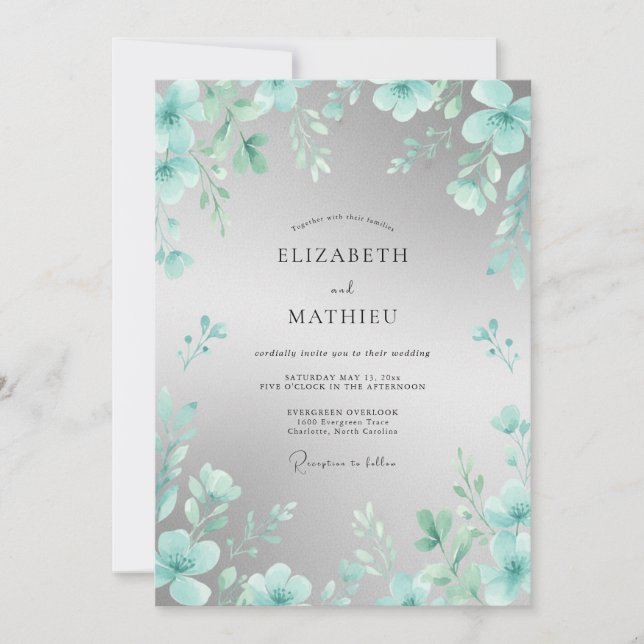 Invitation Mariage Élégant Fleur Teal (Devant)