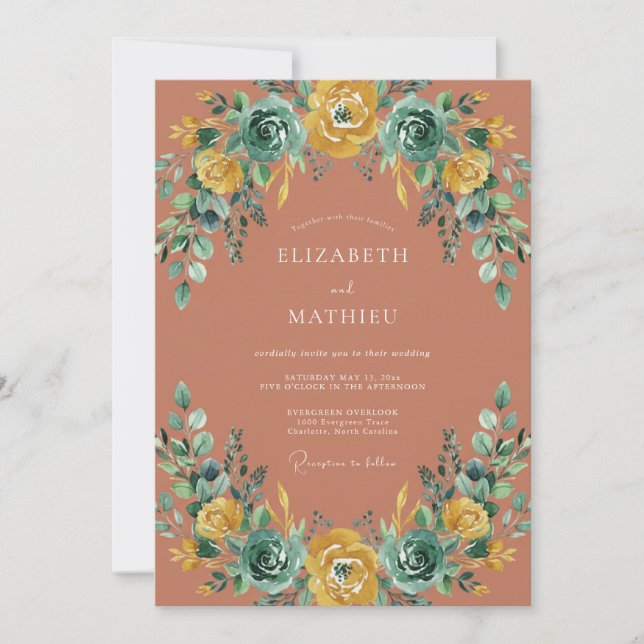 Invitation Mariage Élégant Fleur Terracotta (Devant)