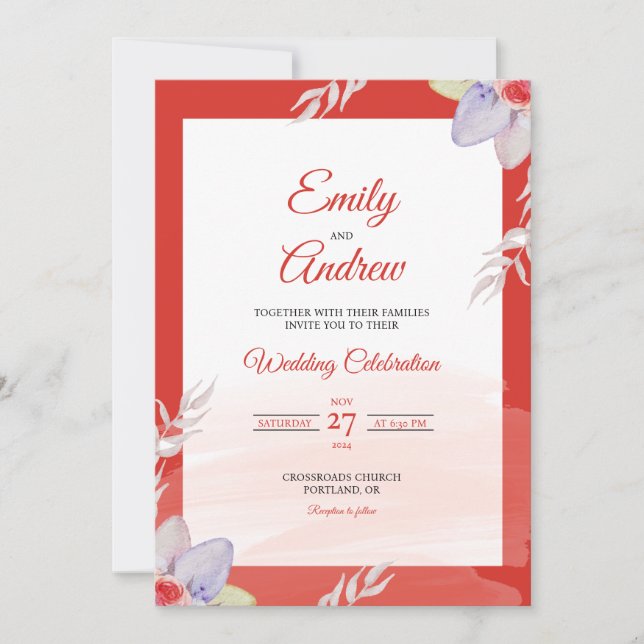 Invitation Mariage Élégant Fleurie Aquarelle Bordure Rouge (Devant)