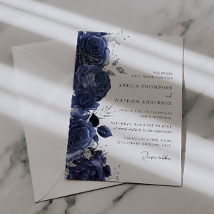 Invitation Mariage Élégant Fleuris Argent et Marine