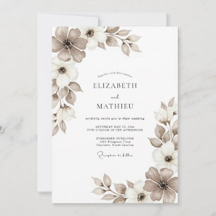 Invitation Mariage Élégant Fleurissement Taupe