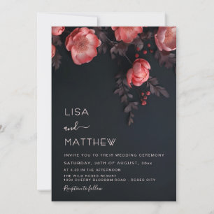 Invitation Mariage Élégant Fleurs 3D Sombres Roses