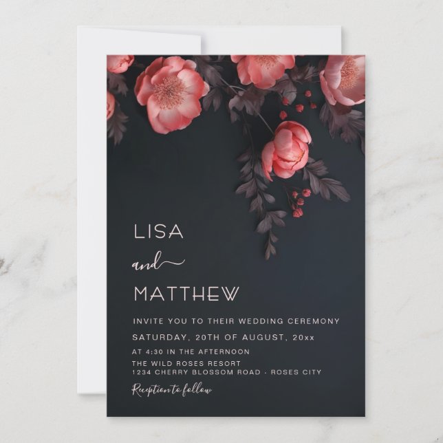 Invitation Mariage Élégant Fleurs 3D Sombres Roses (Devant)
