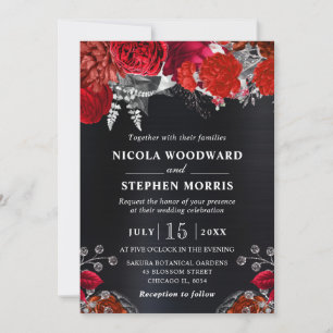 Invitation Mariage Élégant Fleurs Aquarelle Rouge et Argent