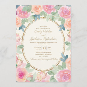 Invitation Mariage Élégant Fleurs Aquarelles Rose Pêche Or