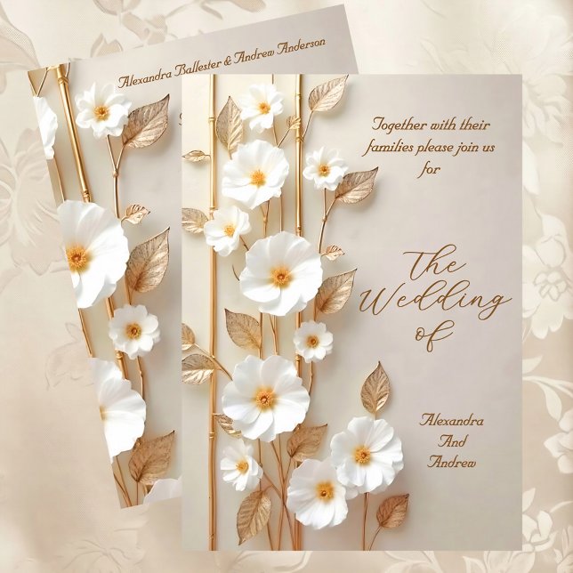 Invitation Mariage Élégant Fleurs Blanches Beige Bamboo Or (Créateur téléchargé)