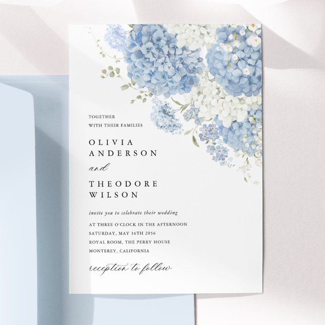 Invitation Mariage Élégant Fleurs Blanches Bleu Poussiéreux (Dusty blue white floral wedding invitation, watercolor hydrangea, elegant minimalist flat lay)