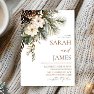 Invitation Mariage Élégant Fleurs Blanches d'Hiver Pins