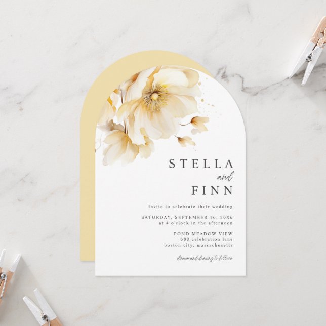Invitation Mariage Élégant Fleurs Blanches Jaunes Or (Devant/Arrière en situation)
