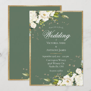 Invitation Mariage Élégant Fleurs Blanches Or Vert 