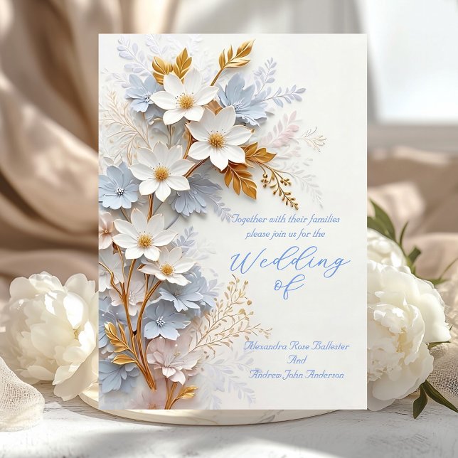 Invitation Mariage Élégant Fleurs Bleu Barbeau Blanc Or (Créateur téléchargé)
