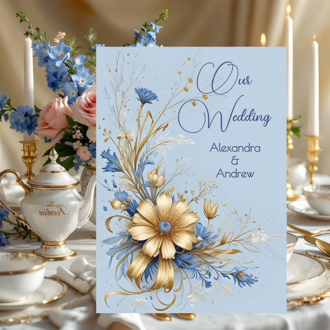 Invitation Mariage Élégant Fleurs Bleu Barbeau Or (Créateur téléchargé)