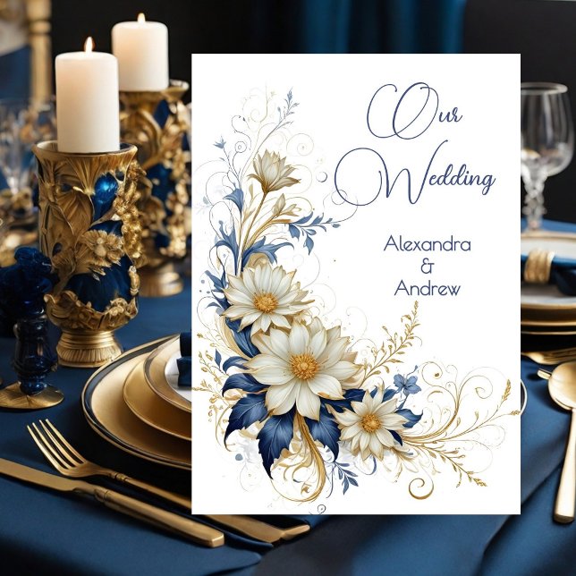 Invitation Mariage Élégant Fleurs Bleu Blanc Or (Créateur téléchargé)