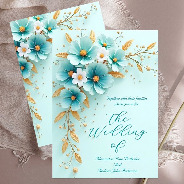 Invitation Mariage Élégant Fleurs Bleu Canard Blanc Or (Créateur téléchargé)