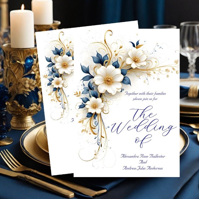 Invitation Mariage Élégant Fleurs Bleu Royal Blanc Or (Créateur téléchargé)