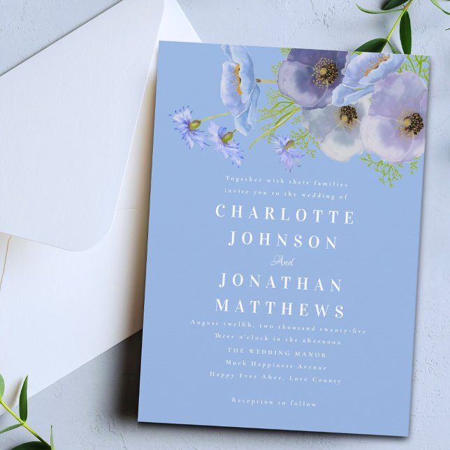 Invitation Mariage Élégant Fleurs Bleues Aquarelle (Elegant watercolor wildflower floral blue wedding invitation)