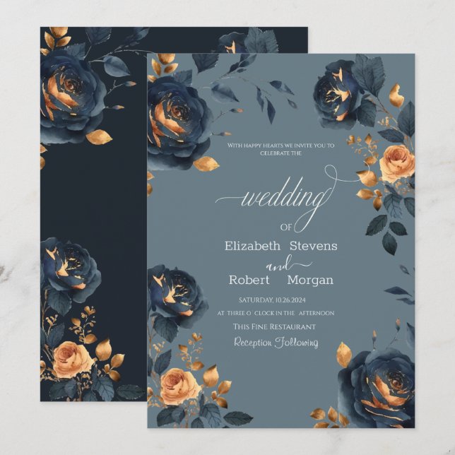 Invitation Mariage élégant fleurs bleues et or (Devant / Derrière)