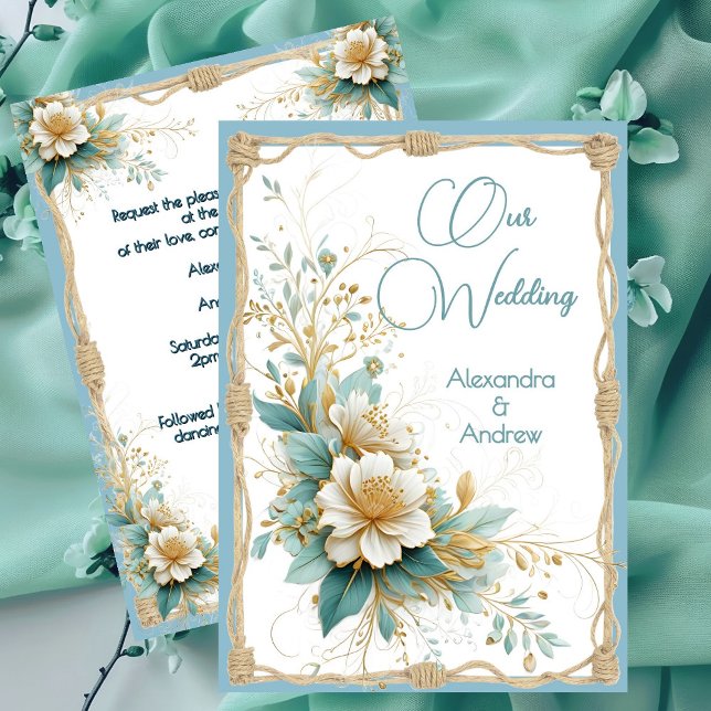 Invitation Mariage Élégant Fleurs Bleues Vertes Blanches (Créateur téléchargé)