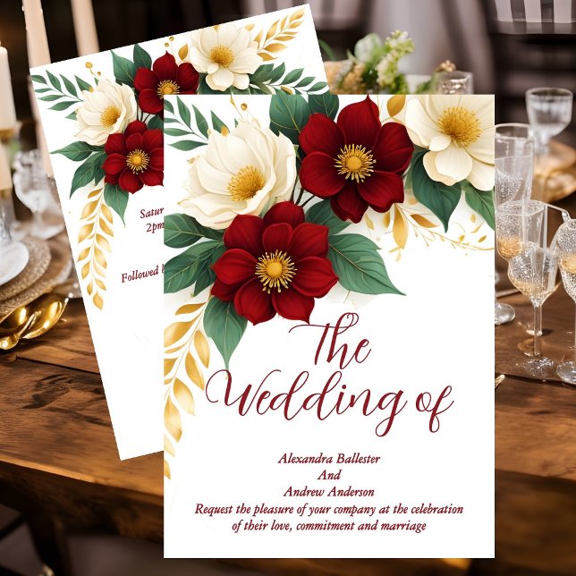 Invitation Mariage Élégant Fleurs Bourgogne Blanc Or (Créateur téléchargé)