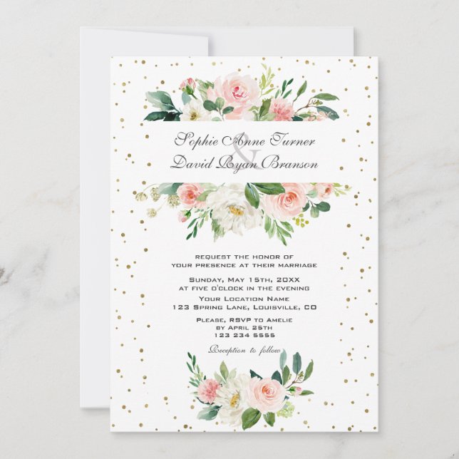 Invitation Mariage Élégant Fleurs Crème Rose Confettis Or (Devant)