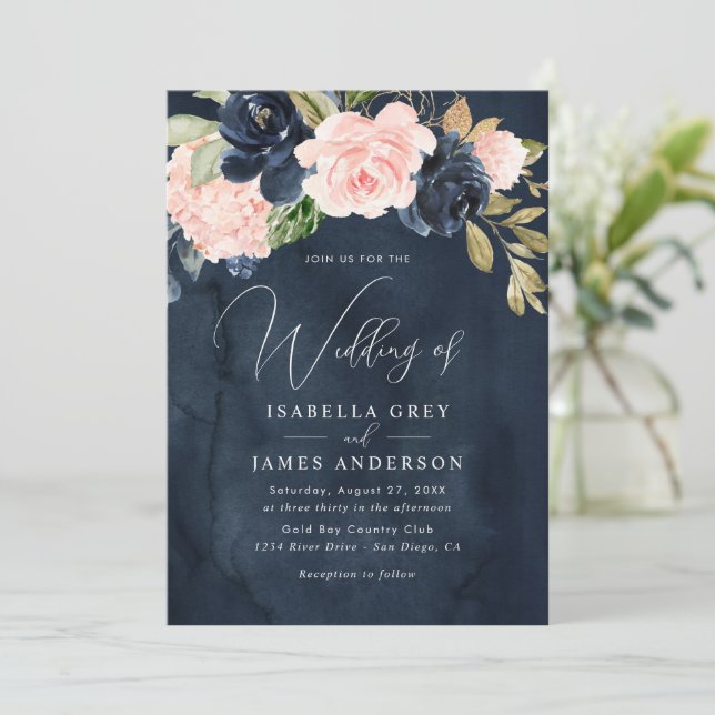 Invitation Mariage Élégant Fleurs de Feuillage Rose Navy  (Debout devant)