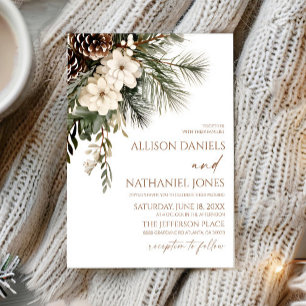 Invitation Mariage Élégant Fleurs de Pin en Hiver