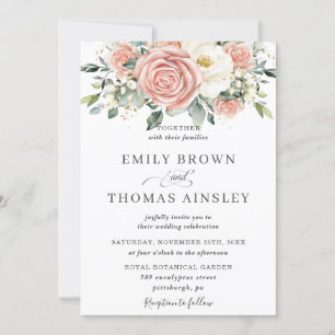 Invitation Mariage Élégant Fleurs de Rosier Teintées d'Ivoire