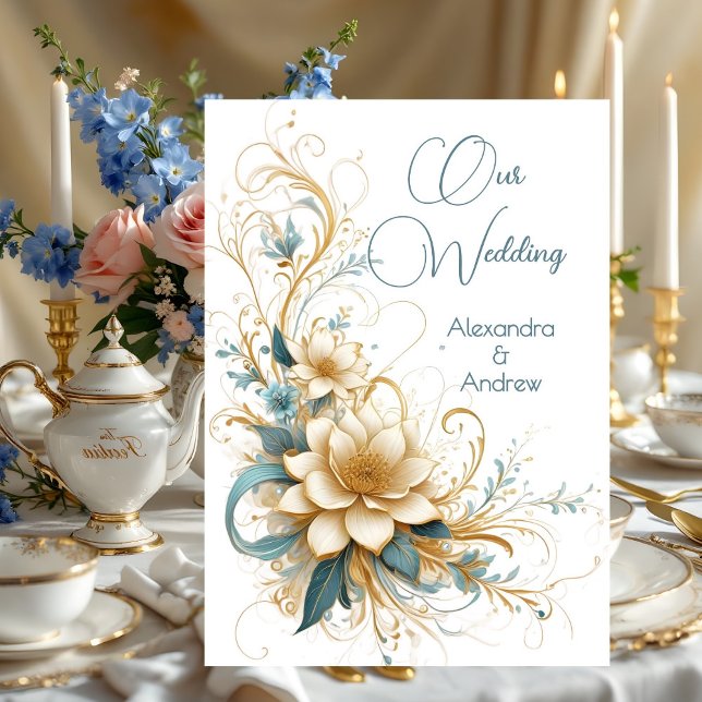 Invitation Mariage Élégant Fleurs Florales Bleu Blanc (Créateur téléchargé)
