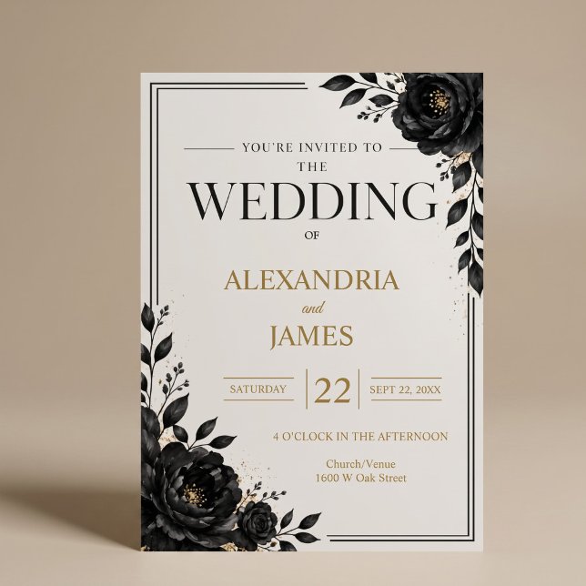 Invitation Mariage Élégant Fleurs Noires (Créateur téléchargé)