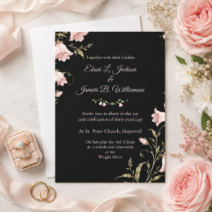 Invitation Mariage Élégant Fleurs Roses Noir