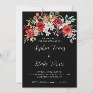 Invitation Mariage Élégant Fleurs Roses Rouges sur Fond Noir