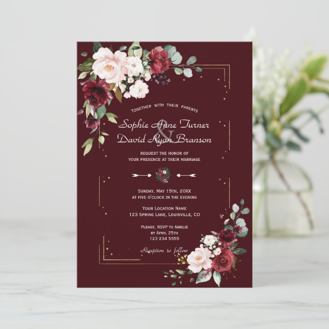 Invitation Mariage élégant fleurs rouge Bourgogne doré  (Debout devant)